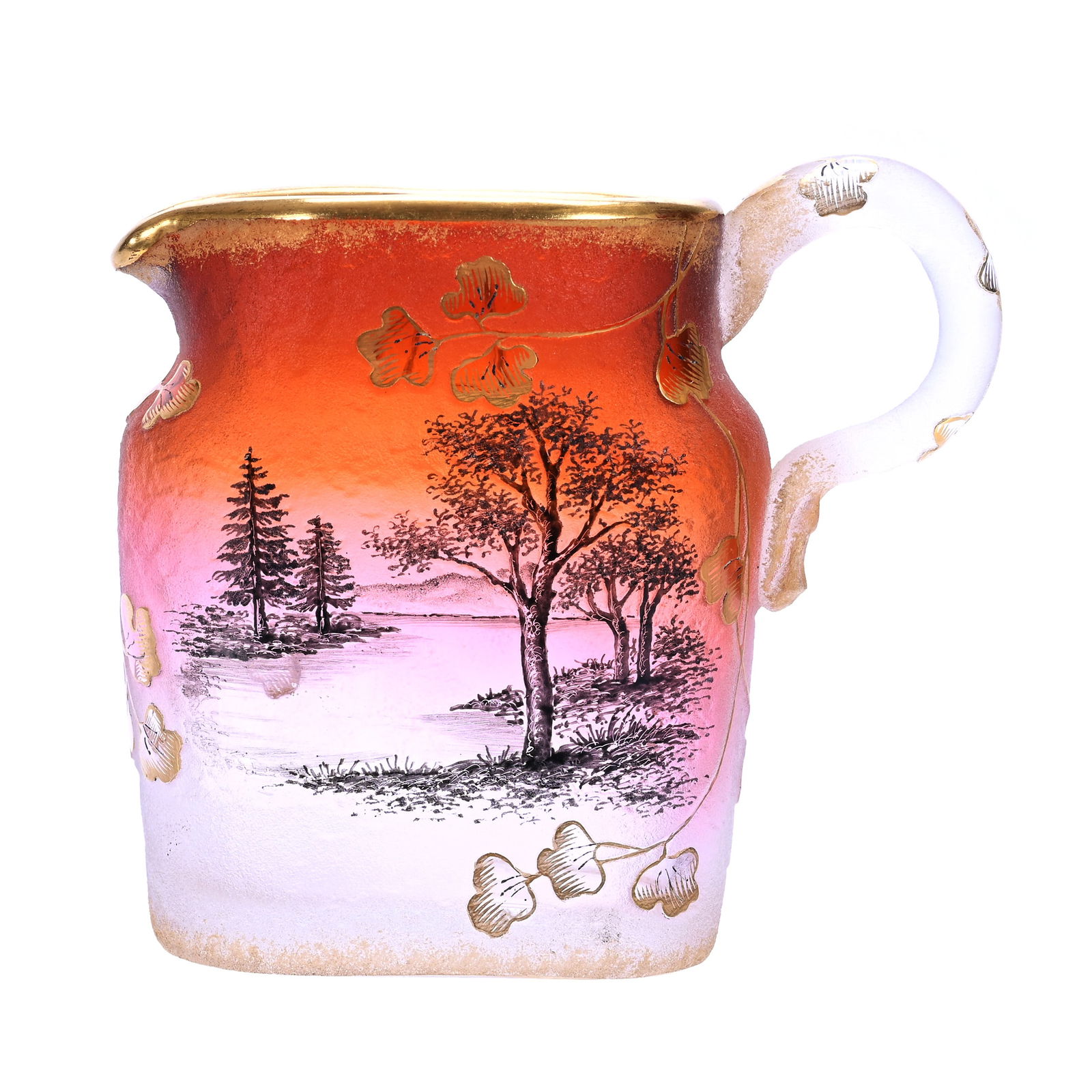 Diminutive Pitcher Signed Daum Nancy French Cameo Art Glass: Diminutive Pitcher Signed Daum Nancy French Cameo Art Glass, 2.75" x 3" x 1.25", Lake And Tree Scenic Decor With Leaf And Branch Enamel Highlights, Apricot Shading To Clear Ground, Joan Steskal Collec