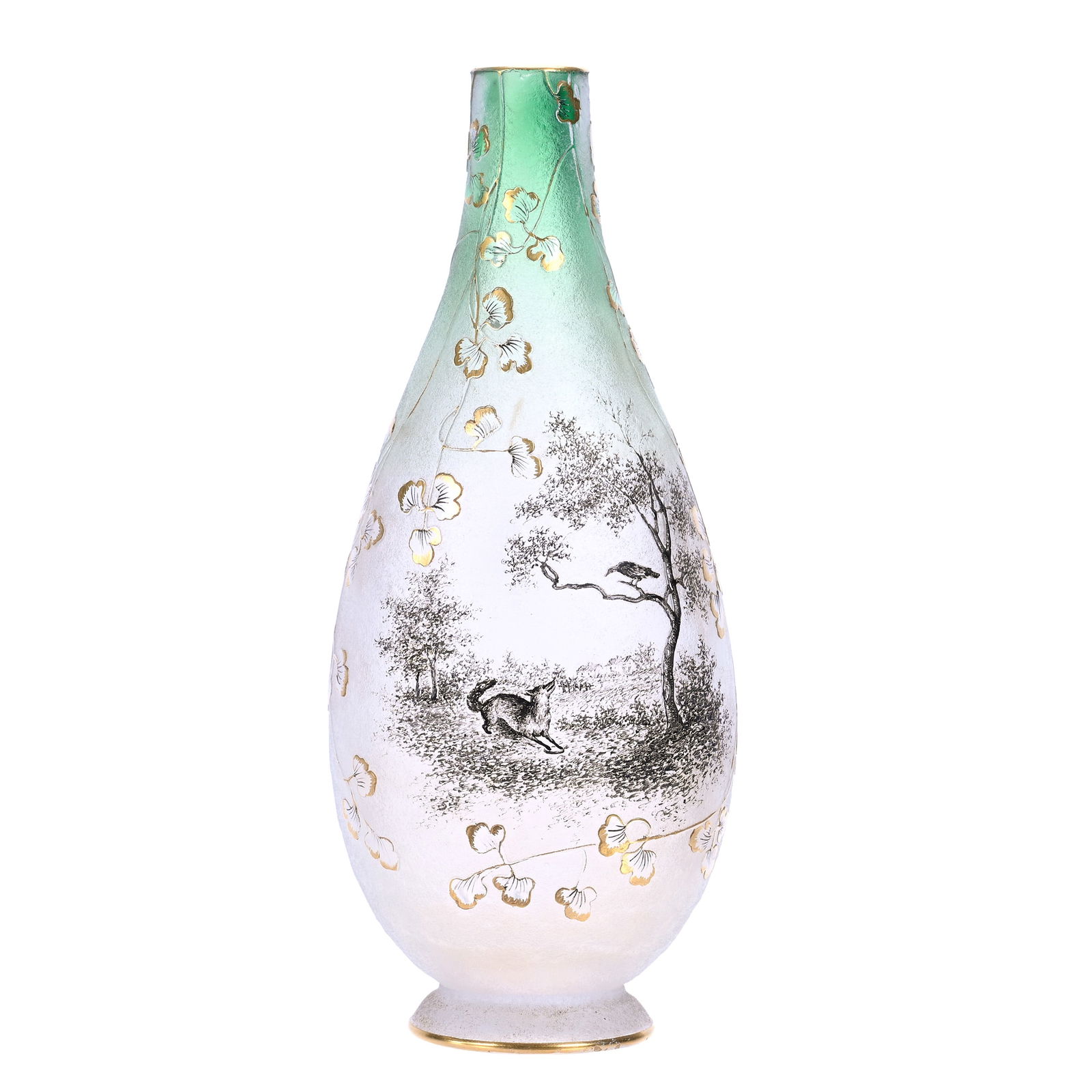 Vase Signed Daum Nancy French Cameo Art Glass: Vase Signed Daum Nancy French Cameo Art Glass, 8" x 3.25", Frosted Green Shading To Clear Ground With Scene Of Fox And Crow, Leaf And Branch Overlay, Enamel Highlights, Joan Steskal Collection, CA