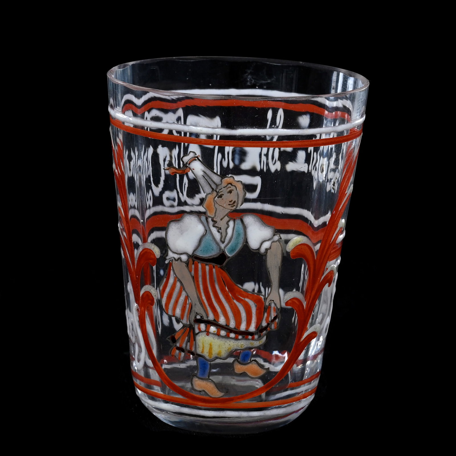 Whiskey Tumbler Signed Emile Galle French Art Glass: Whiskey Tumbler Signed Emile Galle French Art Glass, 2.75" x 2", "Clear With Colorful Enamel Scene Of Woman And French Quote That Appears To Read ""C'est Sans S'pays S'ouvque Nous Sommes", Joan Steska