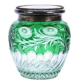 Biscuit Jar, BPCG, Green Cut To Clear, Engraved Floral And Rococo Design