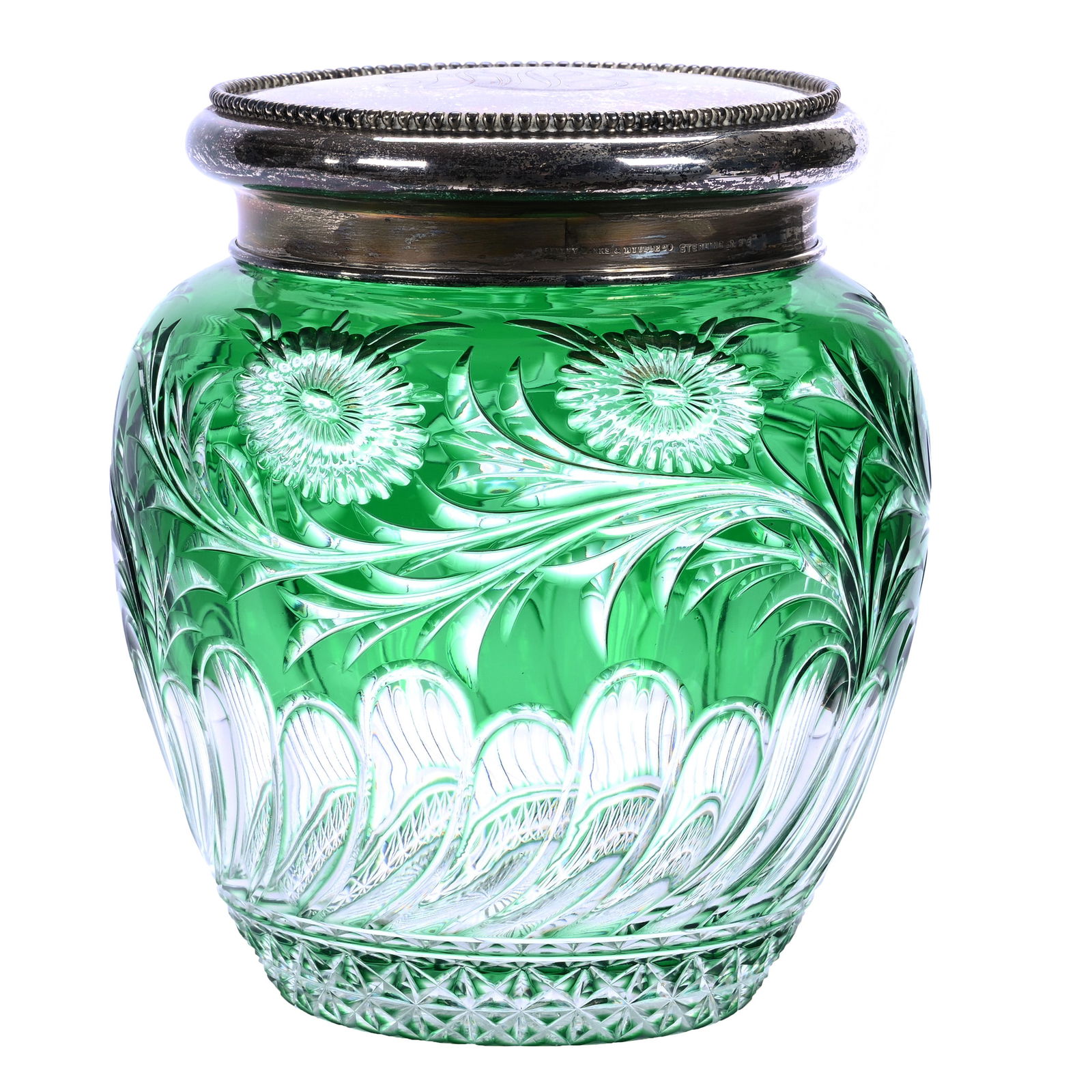 Biscuit Jar, BPCG, Green Cut To Clear, Engraved Floral And Rococo Design (1 of 5)
