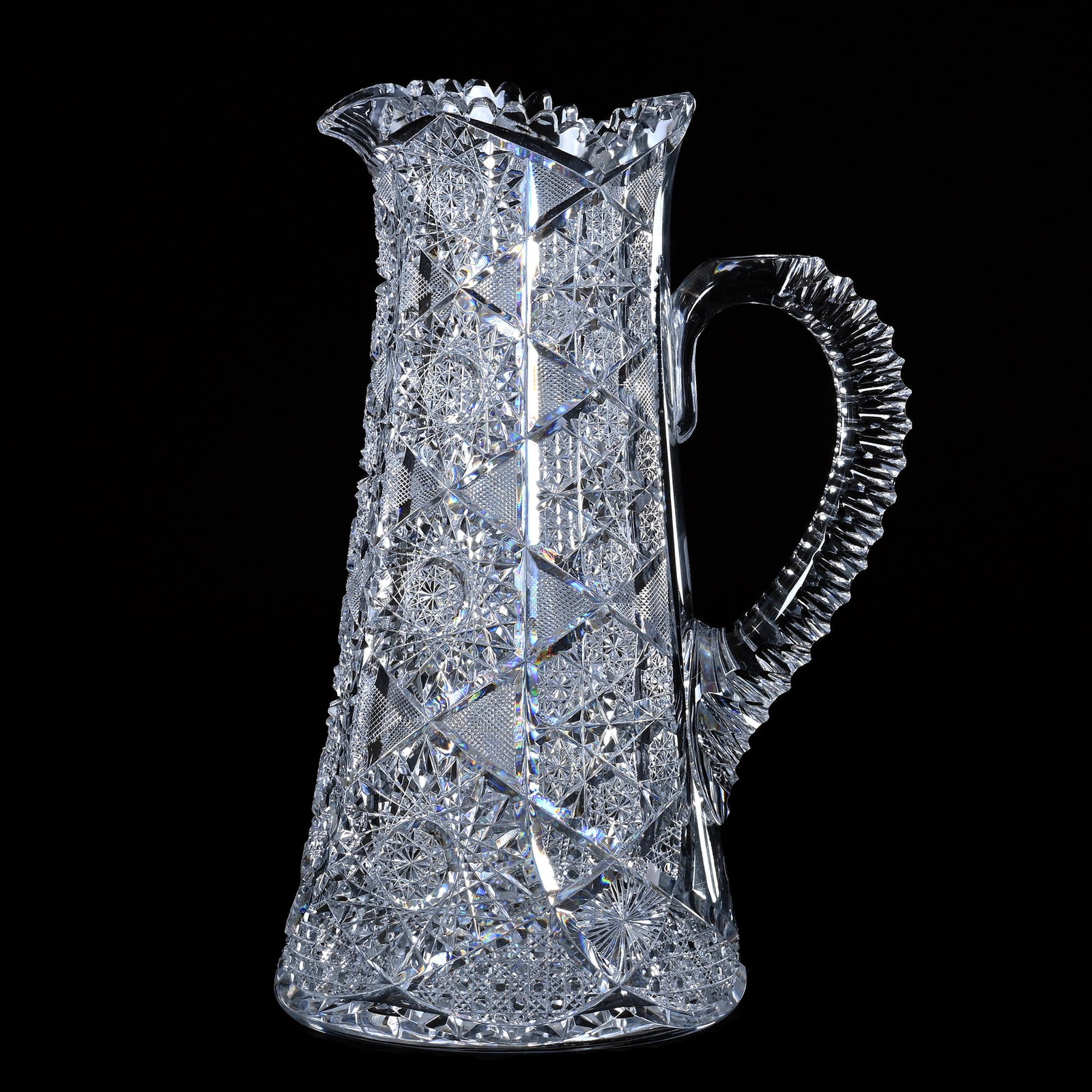 Tankard, ABCG, Exceptionally Well Cut Hobstar, Hobstar Cluster, Crosscutting, Cane & Star: Tankard, ABCG, Exceptionally Well Cut Hobstar, Hobstar Cluster, Crosscutting, Cane & Star, 12" x 7.75", Triple Notched Handle, Hobstar Base, Extra Nice, Joan Steskal Collection, CA