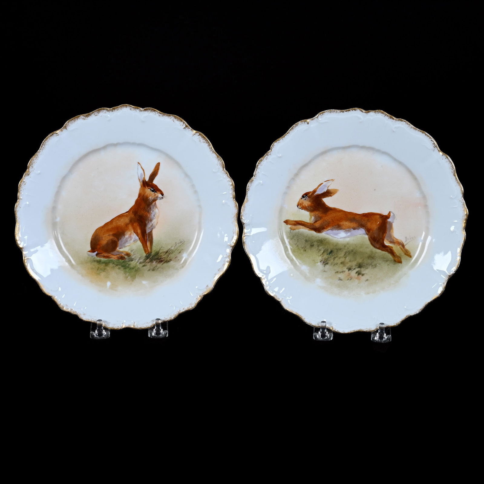 Pair Plates Marked Limoges France, Hand Painted Scenic Decor Featuring Rabbits (1 of 2)