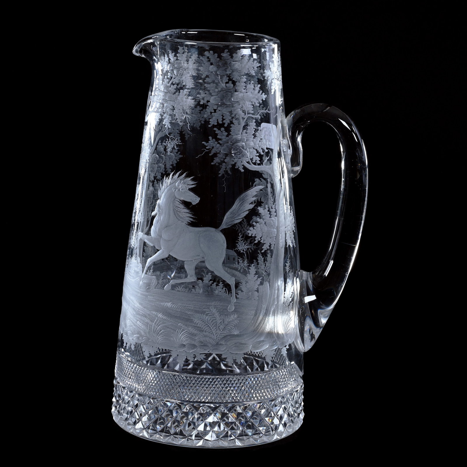 Tankard, BPCG, Elaborately Engraved Stallion & Forest Scenic Decor: Tankard, BPCG, Elaborately Engraved Stallion & Forest Scenic Decor, 10.25" x 6.25", Diamond And Crosshatch Border, Clear Applied Handle, Ray Cut Base, Ohio Private Collection