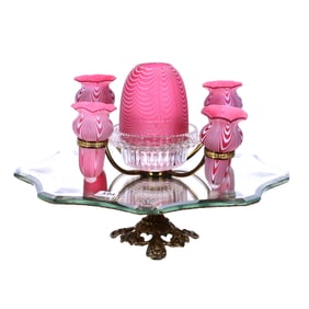 Fairy Lamp Centerpiece, Cranberry Nailsea Art Glass Shade With Four Matching Vase Inserts