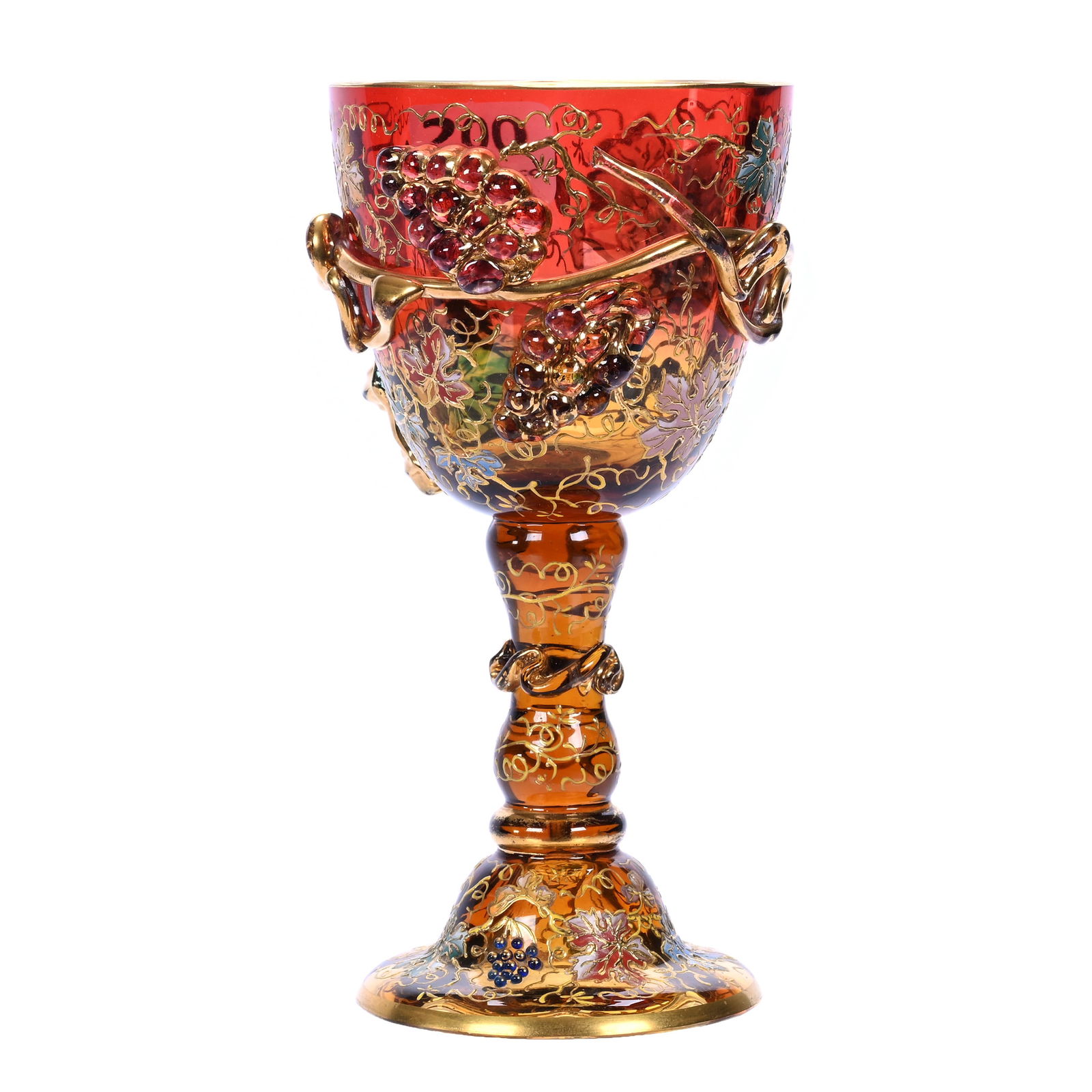 Wine Stem, Unmarked Moser Amberina Art Glass: Wine Stem, Unmarked Moser Amberina Art Glass, 6" x 3", Colorful Enamel Vintage Decor With Applied Beaded Grape Highlights, Heavy Vine, Leaf And Grape Applique, Arkansas Private Estate Collection