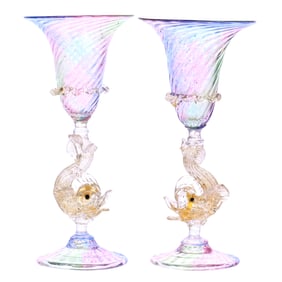 Pair Wine Stems, Unmarked Venetian Art Glass, Rainbow Swirl