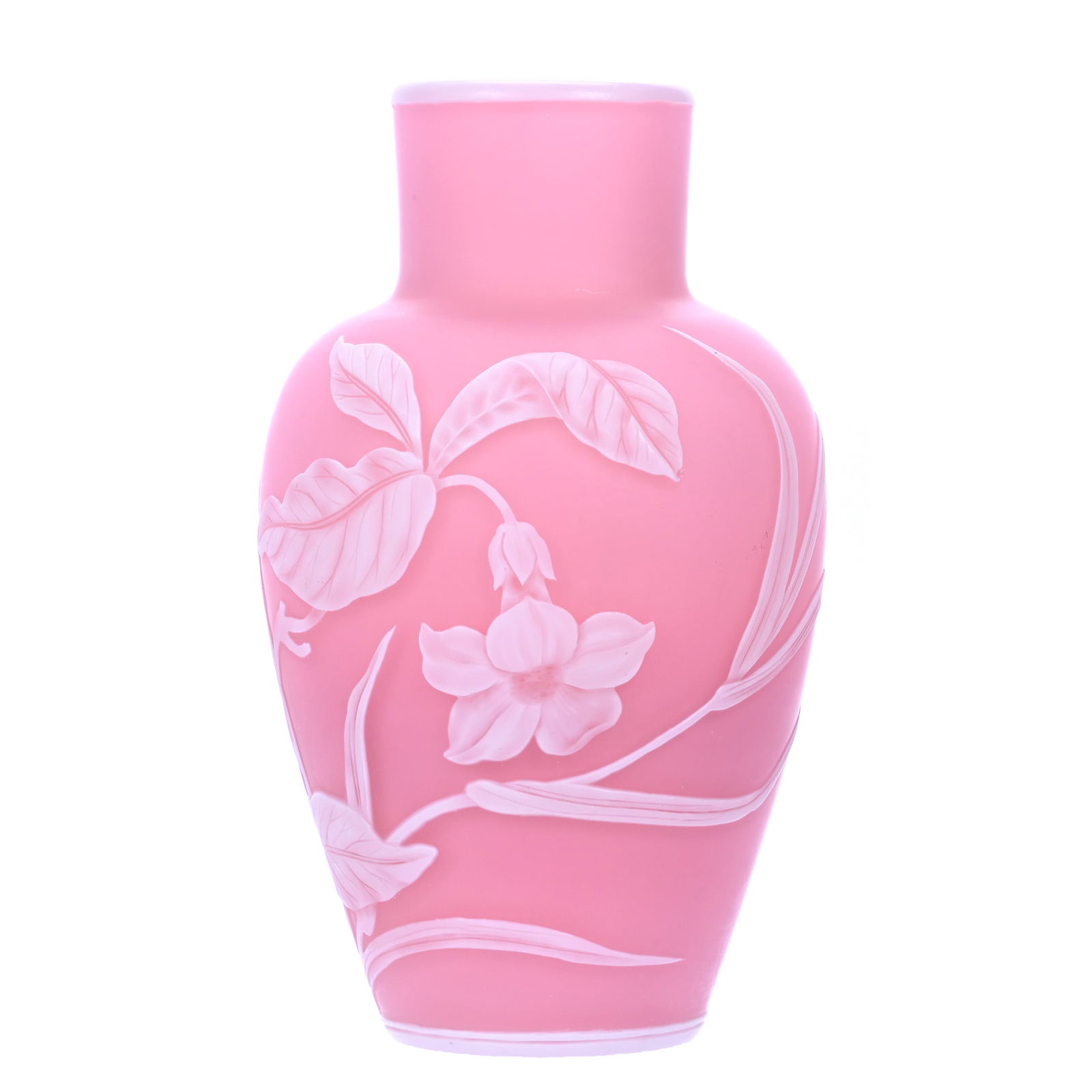 Vase Signed "Thomas Webb & Sons Gem" English Cameo Art Glass: Vase Signed "Thomas Webb & Sons Gem" English Cameo Art Glass, 6.75" x 4", Frosted Pink Ground With White Floral Cameo Cutback Overlay, Joan Steskal Collection, CA