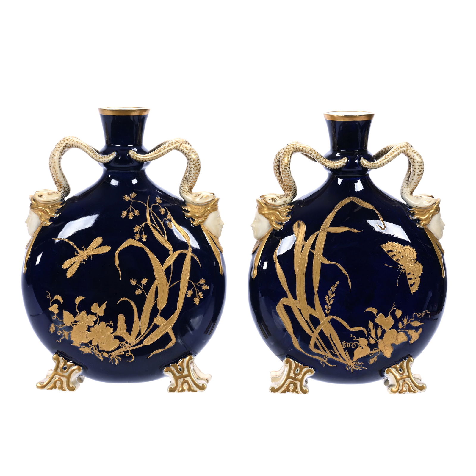 Pair Flask Shaped Handled Vases, Unmarked Bavarian Porcelain: Pair Flask Shaped Handled Vases, Unmarked Bavarian Porcelain, 9.25" x 6.5" x 2.5", Cobalt Blue With Extensive Enamel Gold And Insect Decor, Elaborate Figural Handles With Woman's Head And Intertwined