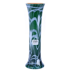 Vase Signed Durand Art Glass, Green Iridescent Ground, White Heart & Vine Decor
