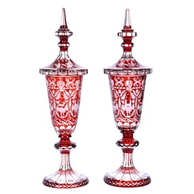Pair Pedestal Covered Goblets (Pokals), European Ruby Flash Engraved Medallions