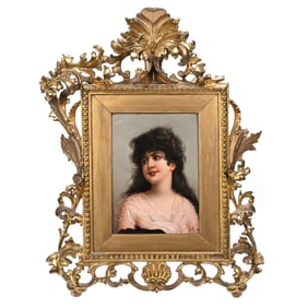 Unmarked Dresden Porcelain Plaque, Hand Painted Portrait Of Young Woman