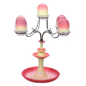 Centerpiece Epergne With (5) Fairy Lamps, Burmese Art Glass Ruffled Base & Three Section Stem