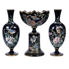 Console Set, Three Piece, Black Amethyst Art Glass
