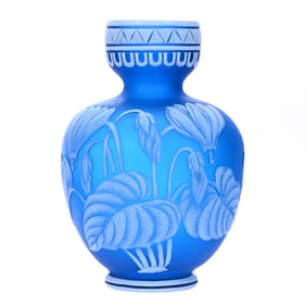 Vase, Unmarked English Cameo Art Glass, Blue Ground With White Cameo Carved Floral Overlay