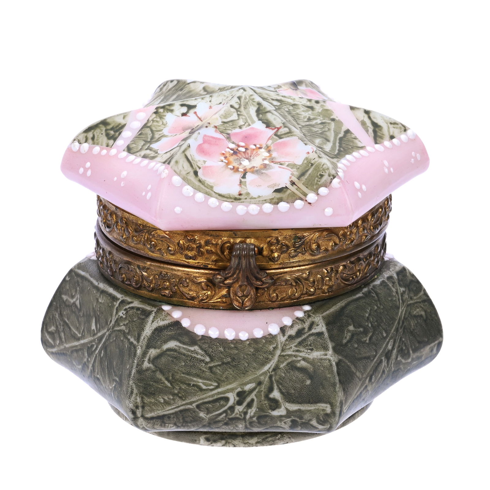 Six Sided Jewel Box, Marked Kelva: Six Sided Jewel Box, Marked Kelva, 3.25" x 3.5", Green Mottled Background With Pink Floral Decor, Pink Trim With White Enameled Beaded Highlights, Whitney Newland Estate Collection, CA