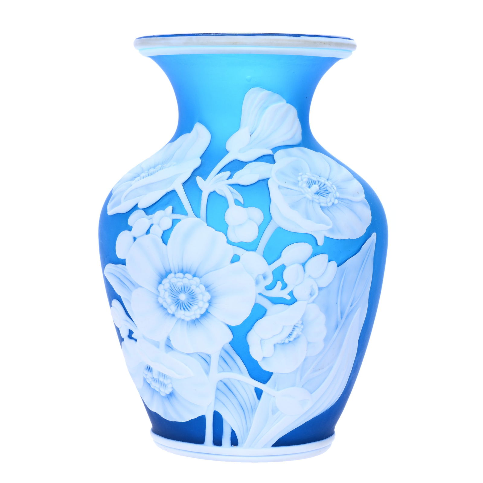 Vase Signed "Stevens & Williams Stourbridge" English Cameo Art : Vase Signed "Stevens & Williams Stourbridge" English Cameo Art , 5.25" x 3.75", Blue Ground With Heavy White Cameo Carved Floral Overlay, Joan Steskal Collection, CA