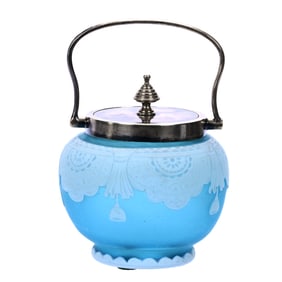 Covered Jar, English Cameo Art Glass, Blue With Cameo Carved Drape & Curtain Design