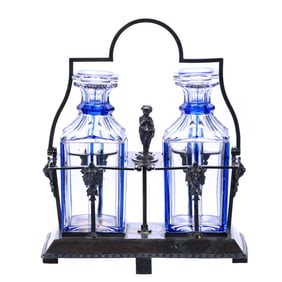 Tantalus Set, Two Bottle, Square Decanters, Blue Cut To Clear Panel Pattern
