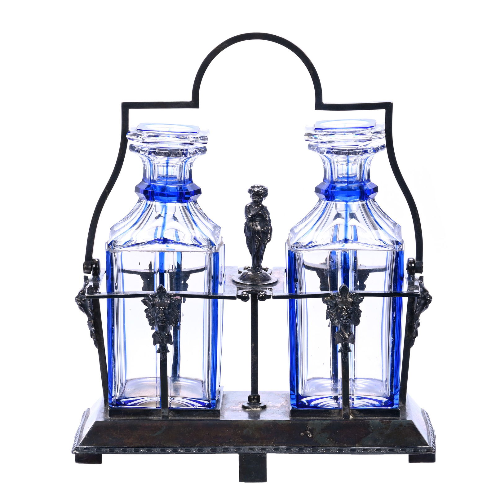 Tantalus Set, Two Bottle, Square Decanters, Blue Cut To Clear Panel Pattern (1 of 5)