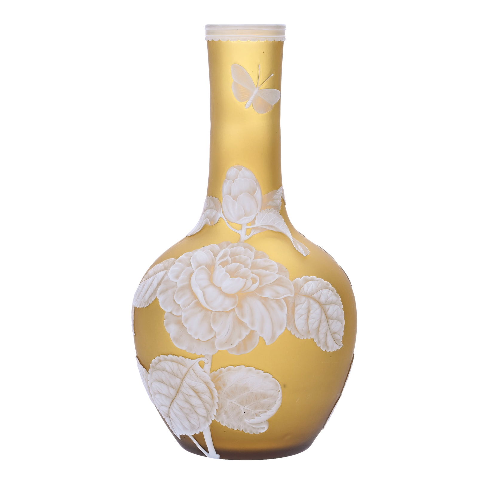 Vase Signed "Thomas Webb & Sons Gem Cameo" Art Glass: Vase Signed "Thomas Webb & Sons Gem Cameo" Art Glass, 9.25" x 4.75", Citrine Ground With Elaborate White Cameo Carved Floral And Butterfly Overlay, Wonderful Detail, Joan Steskal Collection, CA