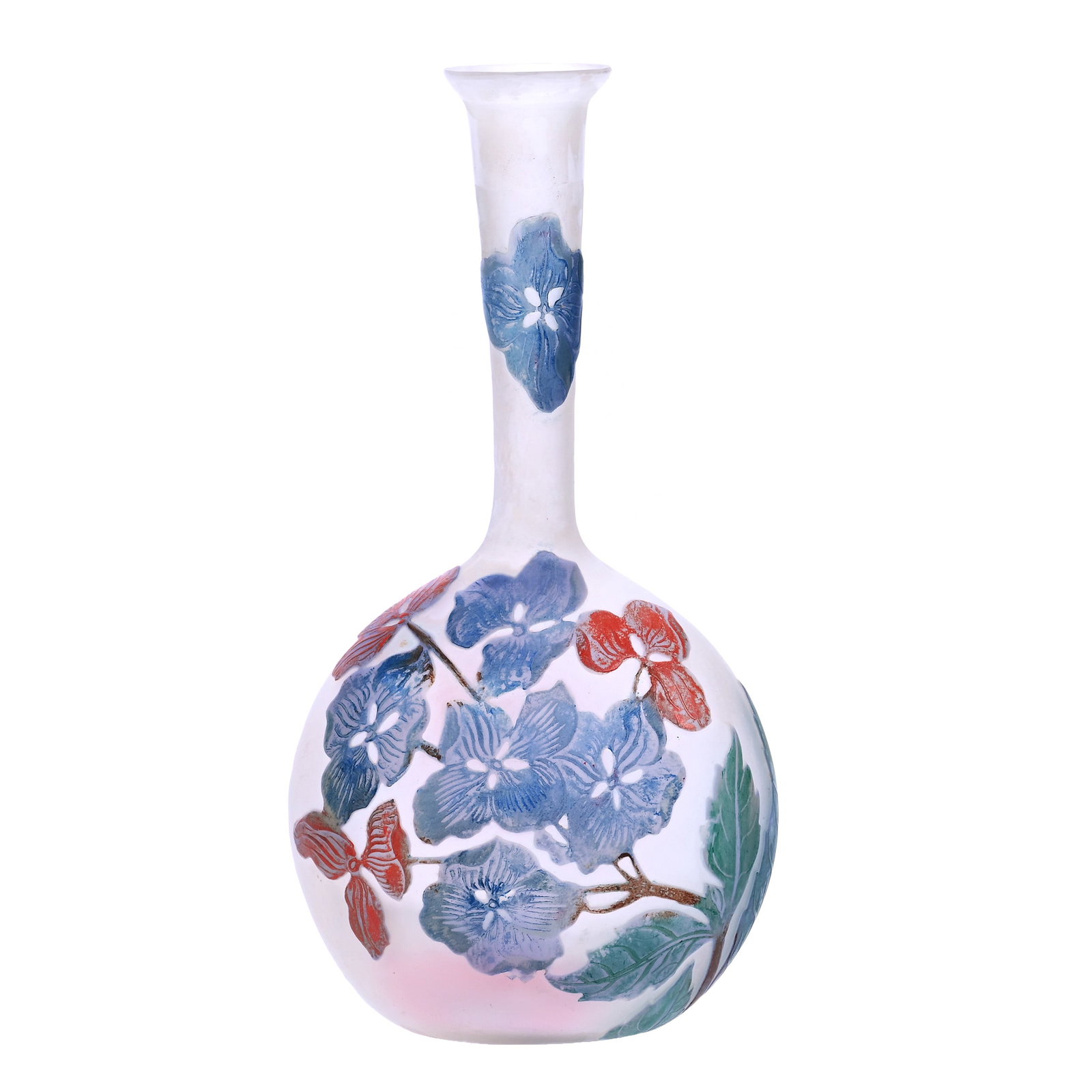 Banjo Vase Signed Galle French Cameo Art Glass: Banjo Vase Signed Galle French Cameo Art Glass, 6.5" x 3.25" x 2.25", Clear Frosted Ground With Multi-Color Cameo Carved Floral Overlay, Ohio Private Collection