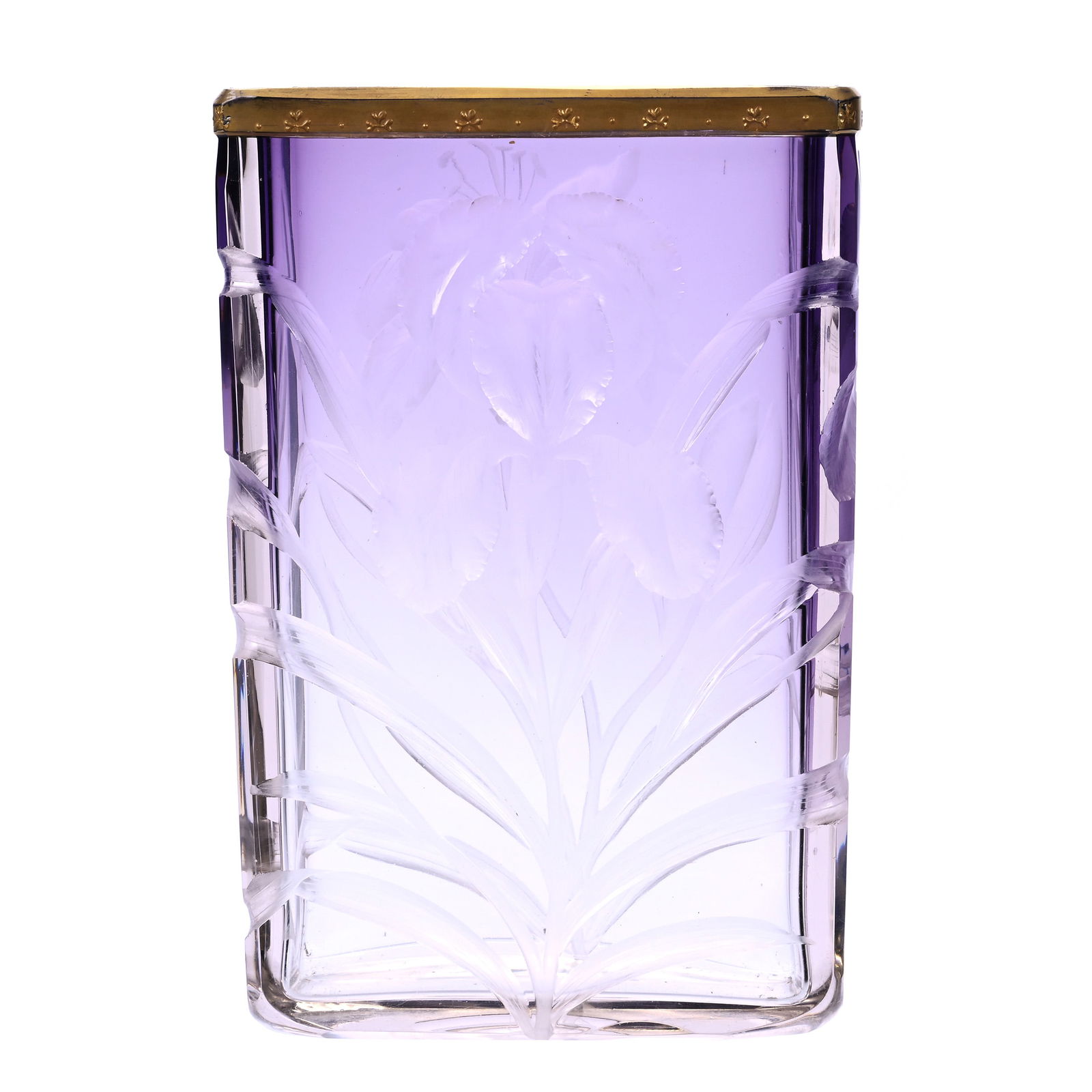 Rectangular Vase, Unmarked Moser Art Glass, Amethyst Shading To Clear: Rectangular Vase, Unmarked Moser Art Glass, Amethyst Shading To Clear, 8.75" x 6" x 2.75", Finely Engraved Iris And Lily Decor, Polished Pontil Base, Nice Quality, Tiny Interior Rim Nick, Arkansas Pri