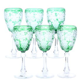 (6) Goblets, BPCG, Green Cut To Clear, Engraved Vintage Pattern By Stevens & Williams