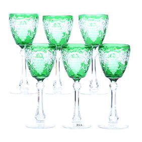(6) Wine Stems, BPCG, Green Cut To Clear, Engraved Vintage Pattern By Stevens & Williams