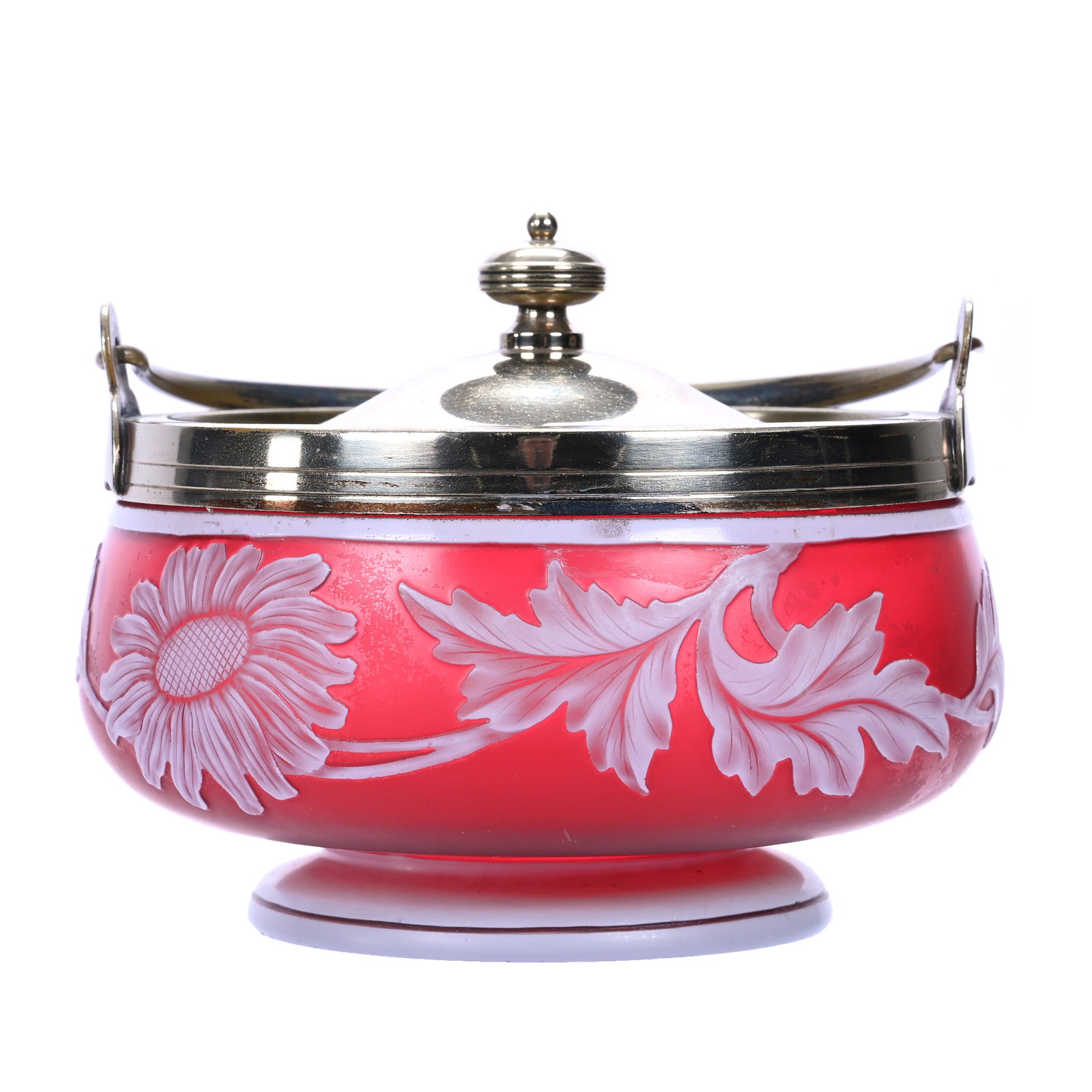 Sweetmeat, Unmarked English Cameo Art Glass: Sweetmeat, Unmarked English Cameo Art Glass, 3.75" x 4.75", Red Ground With White Cameo Carved Floral & Butterfly Cut Back Overlay, Silverplate Lid & Bail, Internal Flaw On Foot, Joan Steskal Collecti