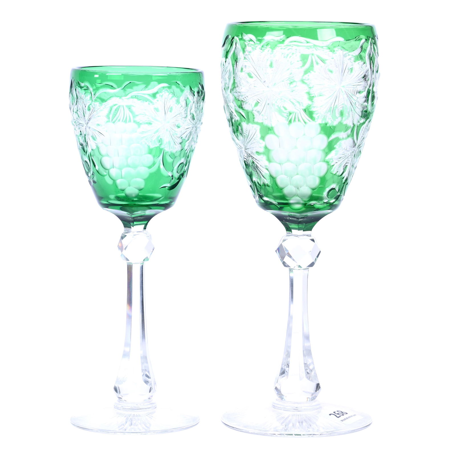 (2) Stems, BPCG, Green Cut To Clear By Stevens & Williams: (2) Stems, BPCG, Green Cut To Clear By Stevens & Williams, N/A, Elaborate Engraved Vintage Decor, (1) 8.75” x 3.25" Goblet, (1) 7.75” x 2.75" Wine Stem, Ohio Private Collection