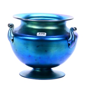 Pedestal Three Handled Vase, Signed Steuben Aurene #6627
