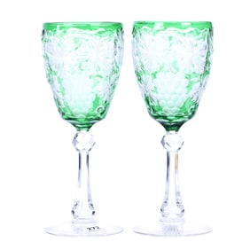 Pair Goblets, BPCG, Green Cut To Clear, Engraved Vintage Pattern By Stevens & Williams
