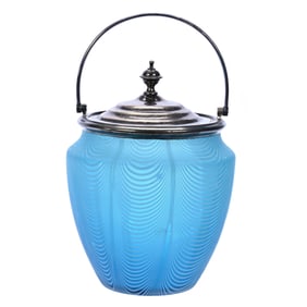 Biscuit Jar, Blue Nailsea Art Glass, Silverplate Lid And Bail