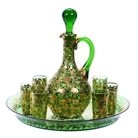 Liqueur Set, Unmarked Moser Green Art Glass With Heavy Gold Enameled Floral Decor