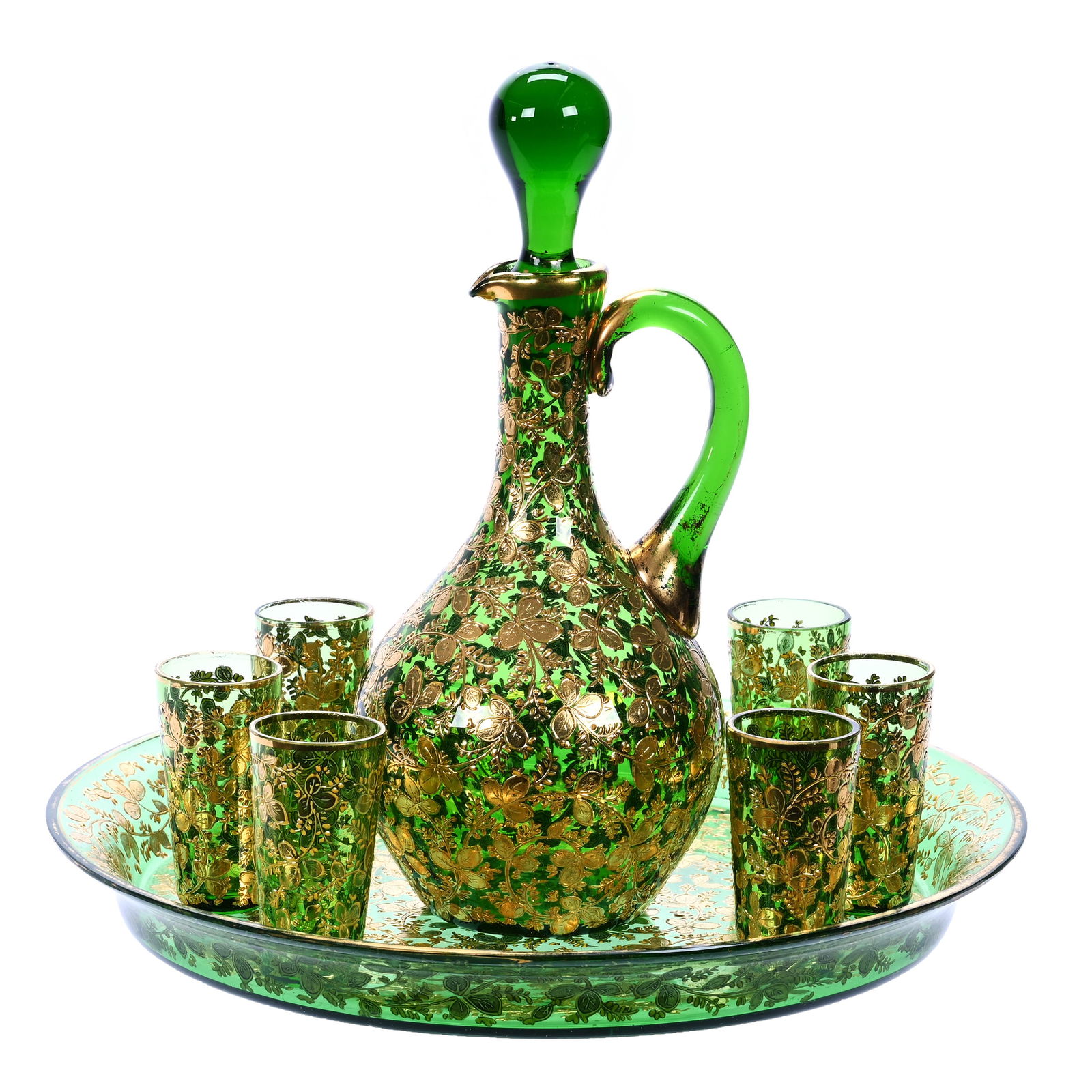 Liqueur Set, Unmarked Moser Green Art Glass With Heavy Gold Enameled Floral Decor (1 of 3)
