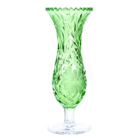 Pedestal Vase, ABCG, Solid Apple Green Body With Engraved Floral Decor