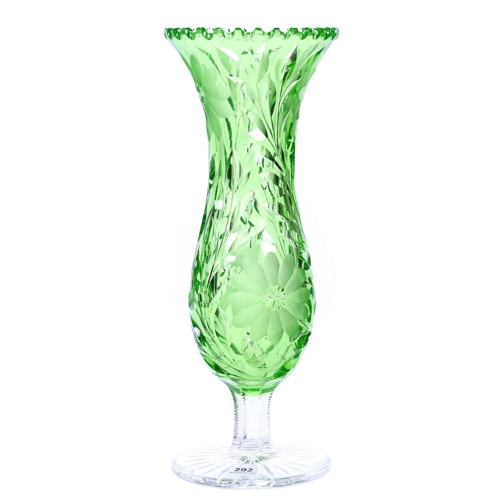Pedestal Vase, ABCG, Solid Apple Green Body With Engraved Floral Decor (1 of 3)