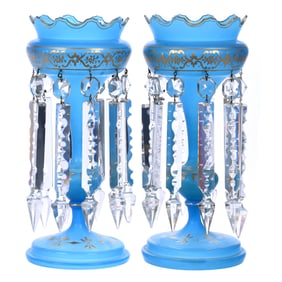 Pair Candle Lusters, French Blue Opaque Art Glass, Gold Stencil Highlights