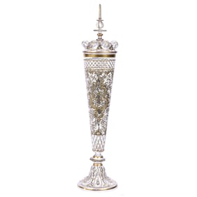 Pedestal Covered Pokal, Continental Clear Art Glass With Gold And Silver Enamel 