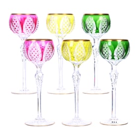 (6) Wine Stems, BPCG, Color Cut To Clear, Attributed To St. Louis