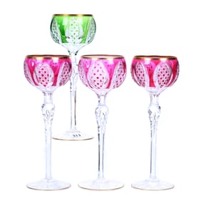 (4) Wine Stems, BPCG, Color Cut To Clear, Attributed To St. Louis