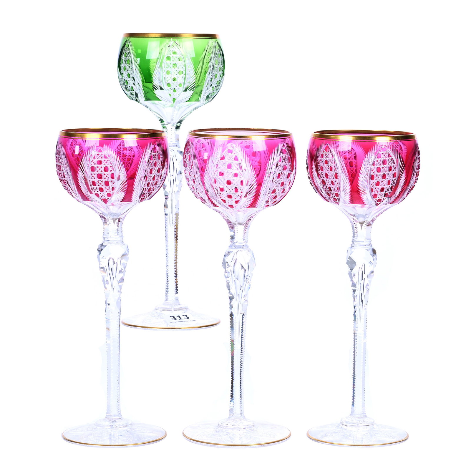 (4) Wine Stems, BPCG, Color Cut To Clear, Attributed To St. Louis: (4) Wine Stems, Brilliant Period Cut Glass, Color Cut To Clear, Attributed To St. Louis, 7" x 5", Vesica Shaped Cane Panels With Wreath Highlights, Pattern Cut Foot, Gold Trim, (1) Green Cut To Clear