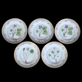 (5) Plates Marked Royal Copenhagen, Flora Danica, Hand Painted 