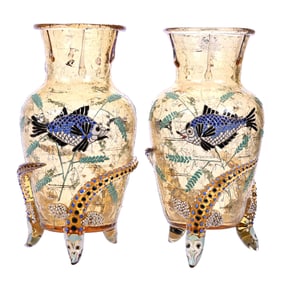 Pair Footed Vases, Unmarked Harrach (Loetz Style) Art Glass