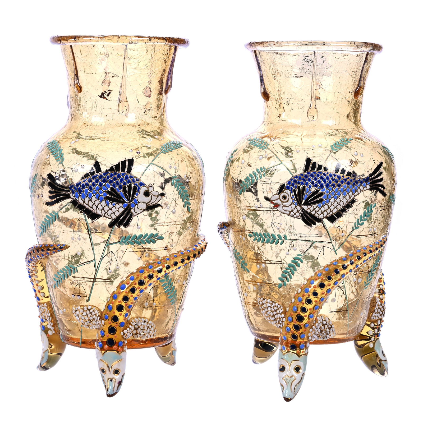 Pair Footed Vases, Unmarked Harrach (Loetz Style) Art Glass (1 of 3)