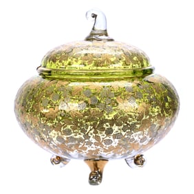 Footed Covered Punch Bowl, Unmarked Moser Art Glass, Green Shading To Clear
