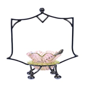 Victorian Salt Dip, English Vaseline Art Glass, Ruffled Insert With Pink & White Nailsea Design