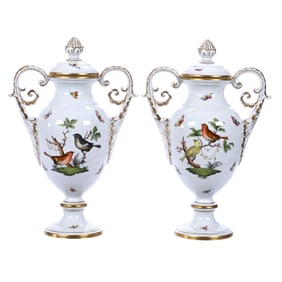 Pair Pedestal Covered Urns, Two Handles, Marked Herend Rothschild