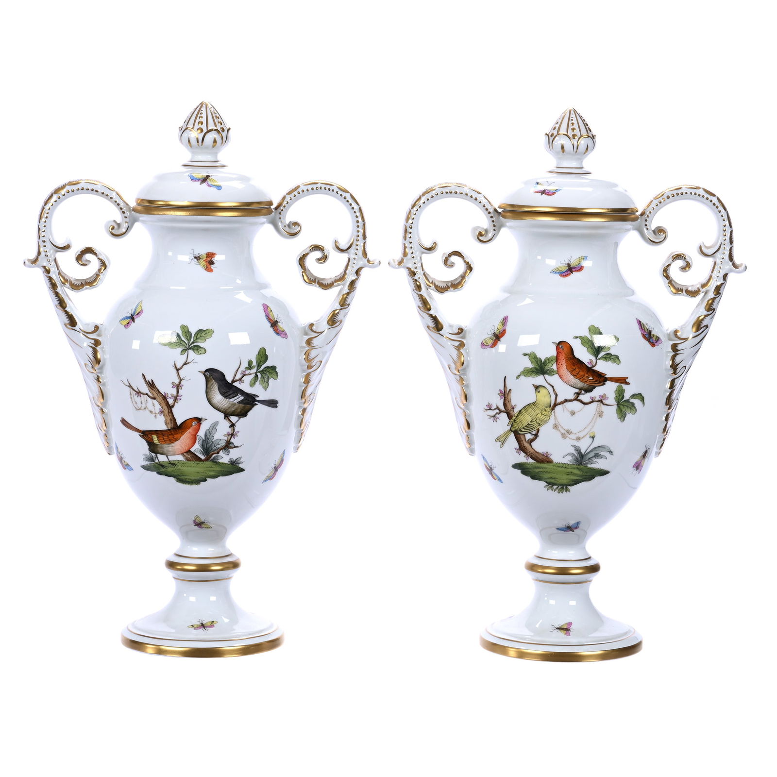 Pair Pedestal Covered Urns, Two Handles, Marked Herend Rothschild (1 of 3)
